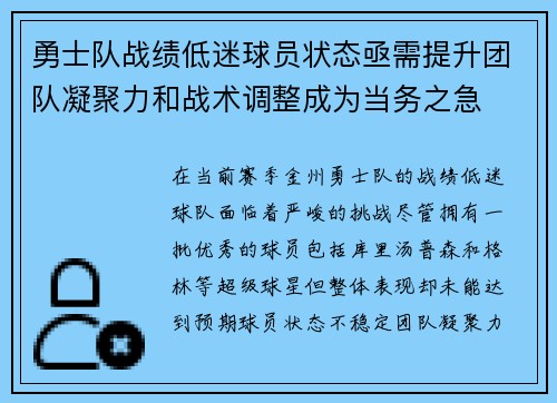 勇士队战绩低迷球员状态亟需提升团队凝聚力和战术调整成为当务之急