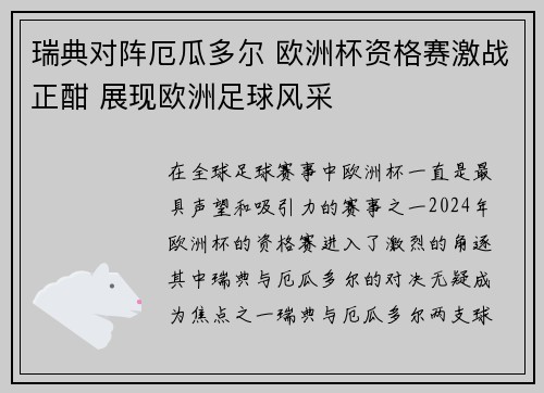 瑞典对阵厄瓜多尔 欧洲杯资格赛激战正酣 展现欧洲足球风采