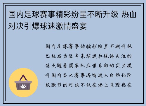 国内足球赛事精彩纷呈不断升级 热血对决引爆球迷激情盛宴