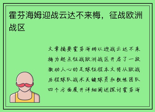 霍芬海姆迎战云达不来梅，征战欧洲战区